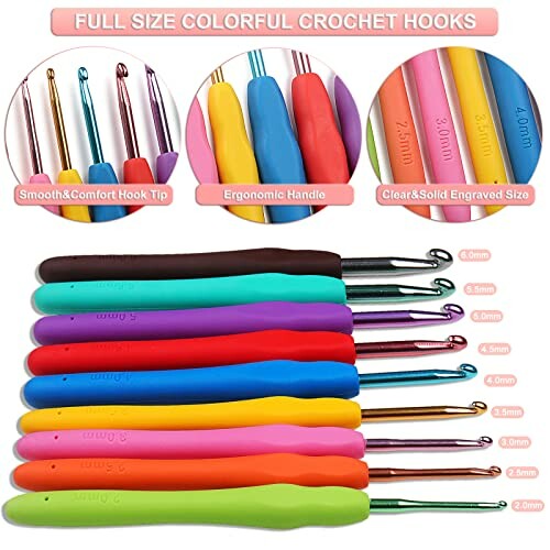 Set of colorful crochet hooks with ergonomic handles and size labels.