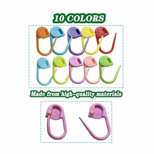 Set of 10 colorful knitting stitch markers in various colors.