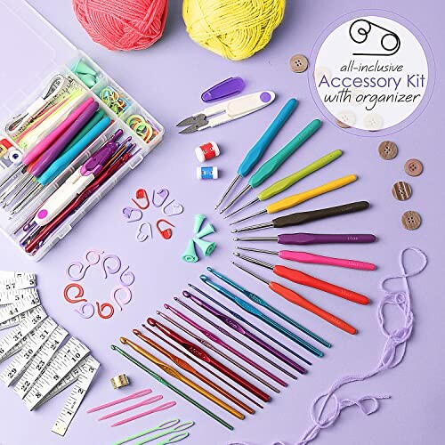 Crochet accessory kit with colorful hooks, yarn, and tools.