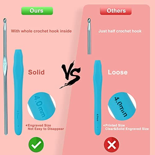 Comparison of crochet hooks: full hook vs half hook, solid vs loose grip, engraved vs printed size.