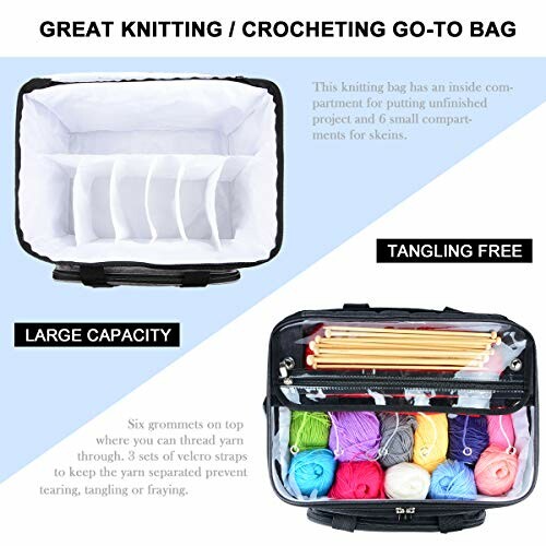 Knitting and crocheting organizer bag with compartments for yarn and tools.