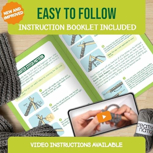 Knitting instruction booklet with video instructions available.