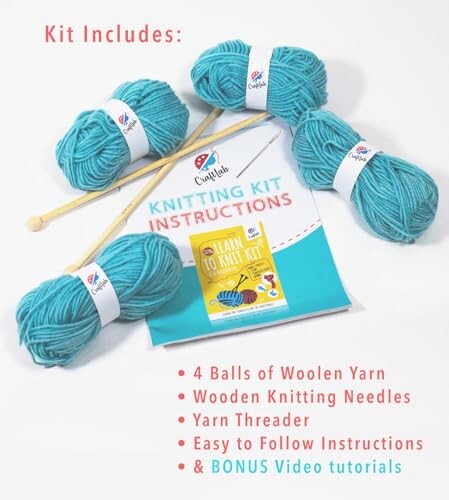 Knitting kit with yarn, needles, and instructions.