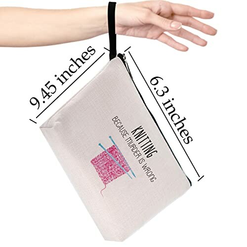 Hand holding knitting-themed makeup bag with humorous text.