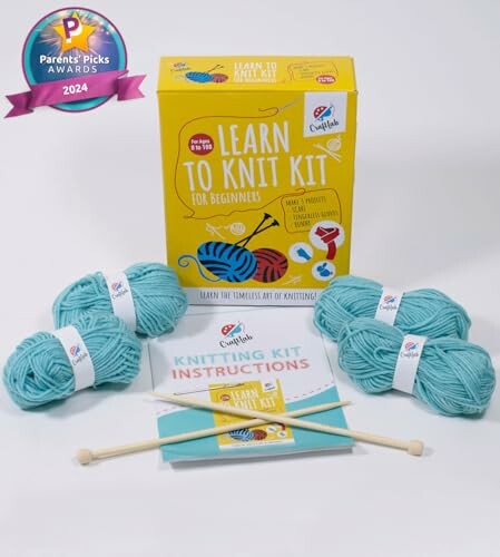 Learn to Knit Kit with yarn, needles, and instructions