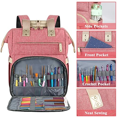 Pink backpack with organized crochet pockets and tools.