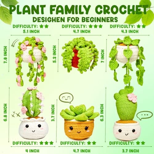 Crochet plant designs for beginners with difficulty levels and sizes.