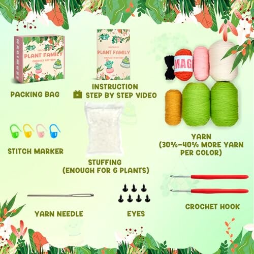 Contents of Plant Family crochet kit including yarn, stuffing, stitch markers, and more.