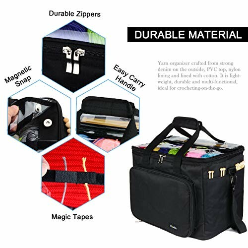 Yarn organizer bag with durable zippers, magnetic snap, easy carry handle, and magic tapes.